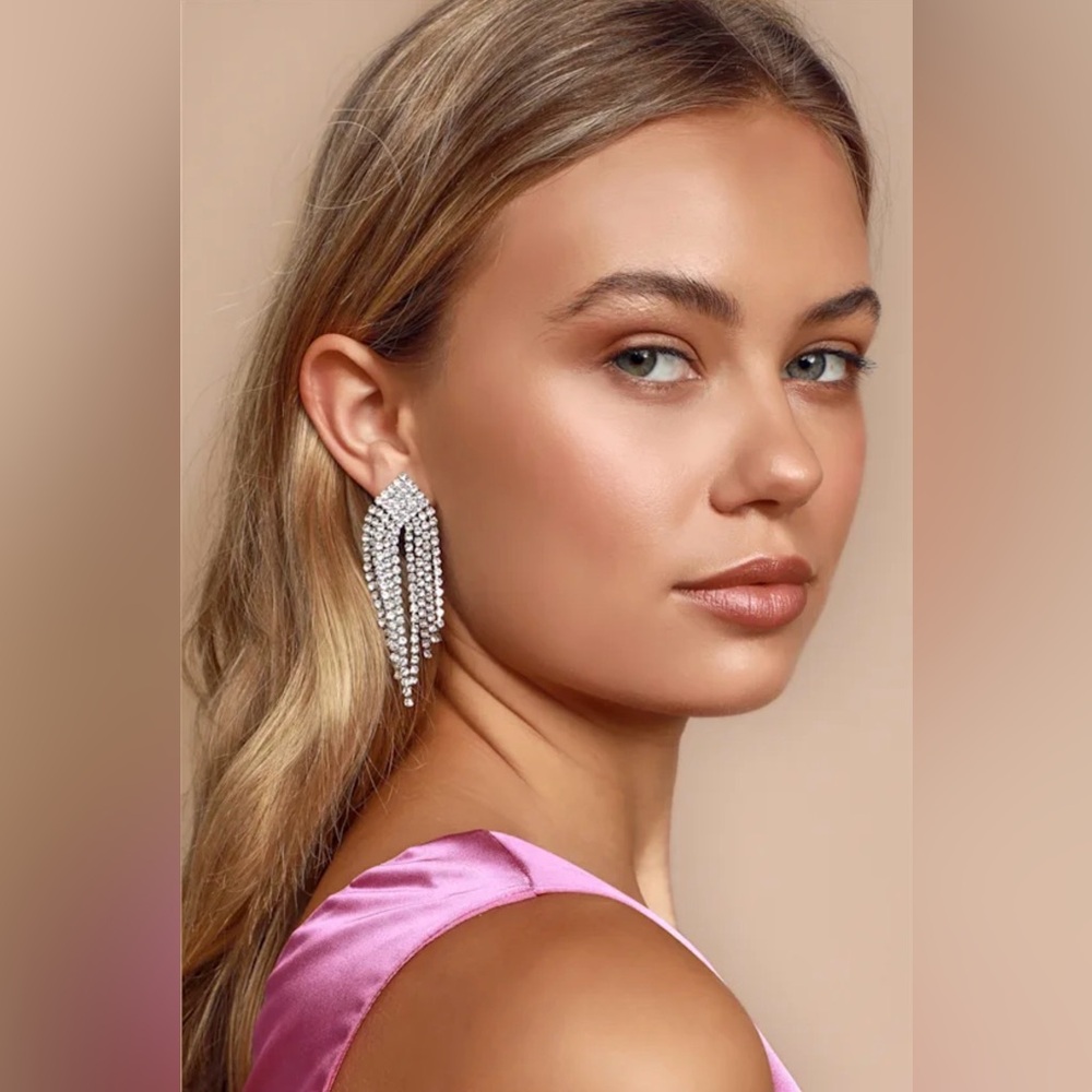 Lulus Afterparty Silver Rhinestone Fringe Earrings